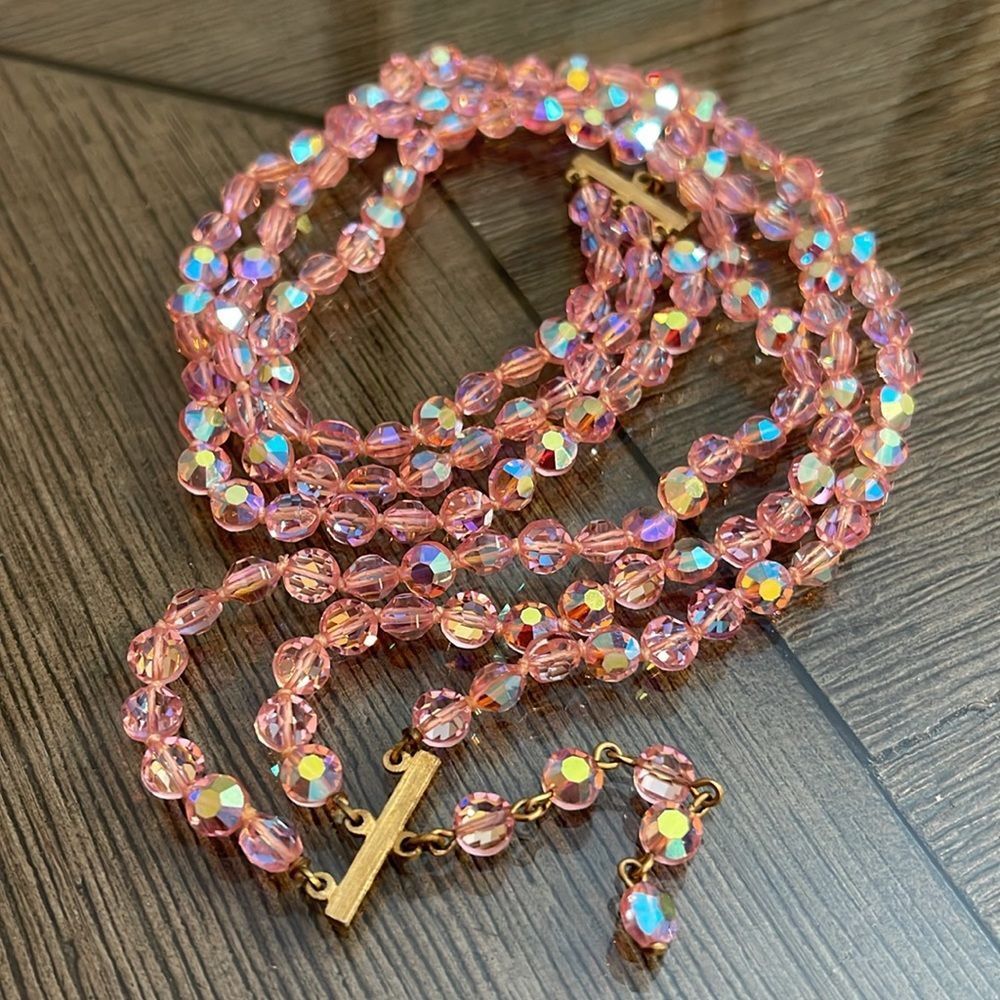 Vintage Three Strand Pink AB Crystal Necklace - Choker - Picture 14 of 16